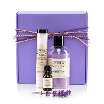 Gift Box for lavender bath time, including: Lavender Bubble Bath, Lavender Bath Salts, and Lavender Essential Oil (lavandula intermedia "Row 19")
