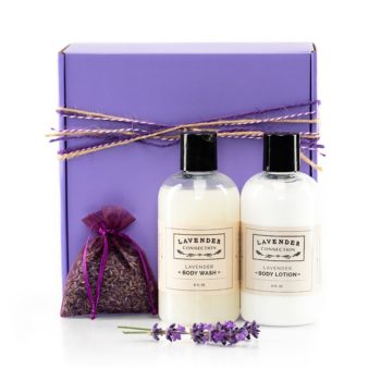 purple gift box with lavender body lotion lavender body wash lavender sachet