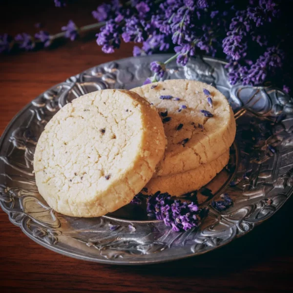 3 Lavender Shortbread Cookies laying on silver plate with lavender sprigs in background