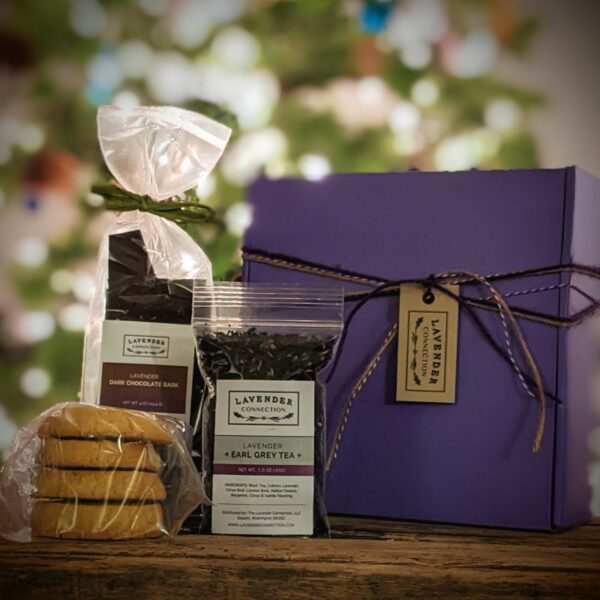 Lavender Shortbread Cookies, Lavender Bark & Lavender Earl Grey Tea with purple gift box and Christmas Tree in background