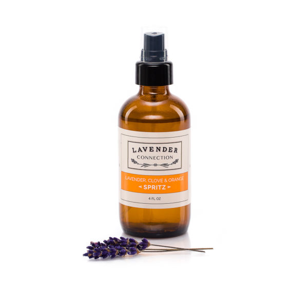 Lavender Clove & Orange Spritz for body, room, bathroom, car - 4 oz, in a decorative brown amber glass bottle