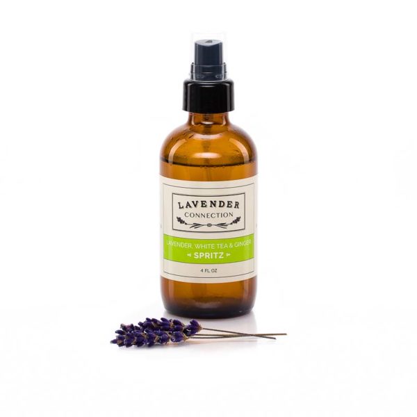 Lavender White Tea & Ginger Spritz for body, room, bathroom, car - 4 oz, in a decorative brown amber glass bottle