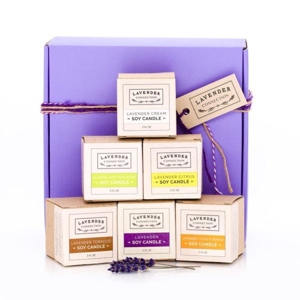 Six 2 oz votive candles in a purple gift box wrapped with twine, Lavender Connection Signature Scents: lavender, cream, citrus, tobacco, clove & orange, white tea & ginger