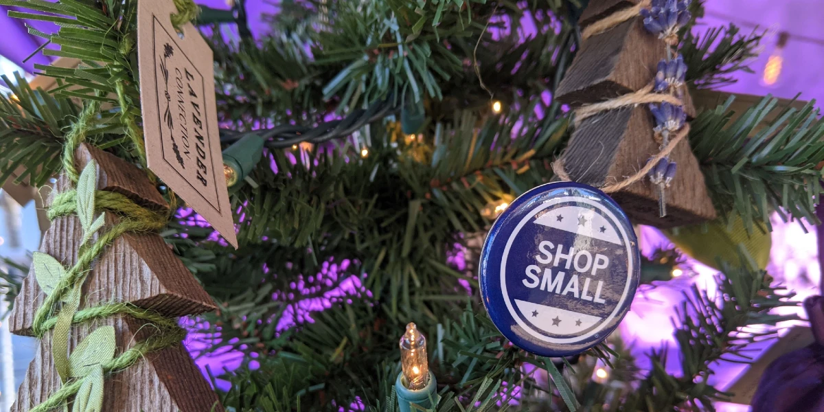 holiday tree with shop small button, rustic ornaments, and lavender