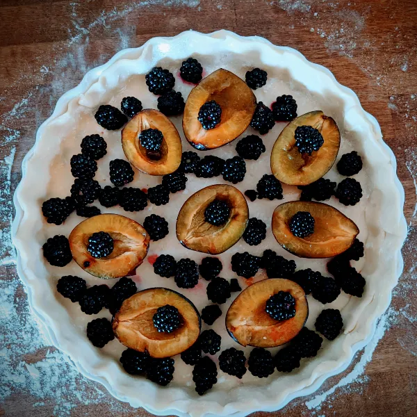Lavender Blackberry Italian Plum Tart - fruit in crust before custard filling has been added