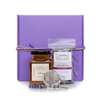 Lavender Earl Grey Tea, Lavender Honey, mesh tea strainer in foreground, with purple gift box in background