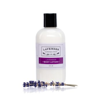 Lavender Connection Lavender Body Lotion in a clear bottle with black cap, and white lotion