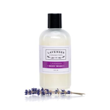 Lavender Connection Lavender Body Wash in a clear bottle with black cap and pearlescent white body wash