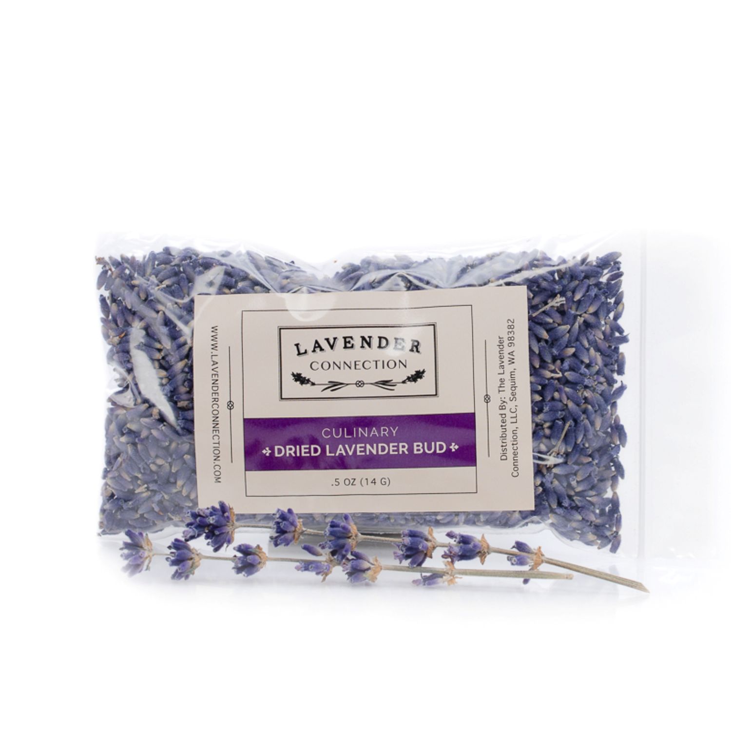 Dried culinary lavender buds packaged for sale in .5 oz bag, edible Royal Velvet lavender from Sequim Washington