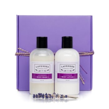 Lavender Connection lavender body care gift box with Lavender Body Wash and Lavender Body Lotion in a purple gift box