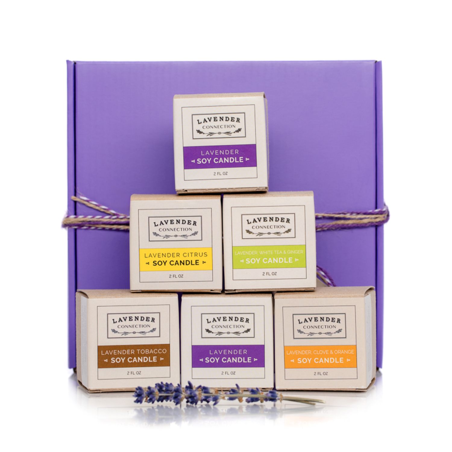 Lavender Connection lavender soy candle gift box with six 2 fl oz votive candles in assorted Signature Scents