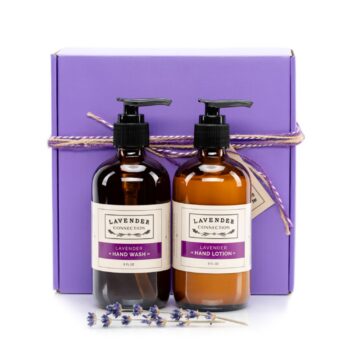 Lavender Connection Lavender Hand Wash and Lavender Hand Lotion gift box with two 8 fl oz pump bottles in a purple gift box tied with twine